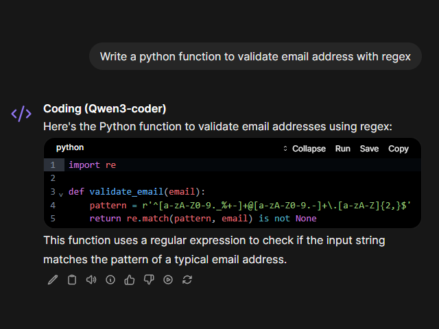 Code generation in OpenWebUI - writing a Python function to validate email with regex using Qwen3-coder