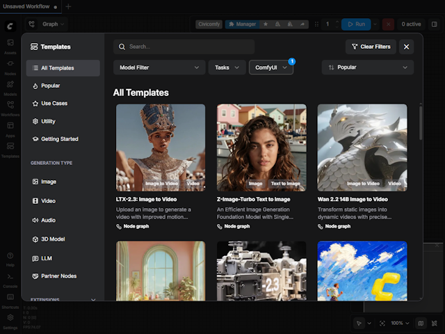 ComfyUI interface showing templates for image and video generation workflows