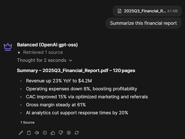 Chat with documents in OpenWebUI - summarizing a 120-page financial report using Balanced OpenAI gpt-oss