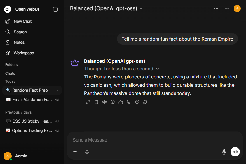 OpenWebUI chat interface running on BoxGPT - Balanced OpenAI gpt-oss model conversation